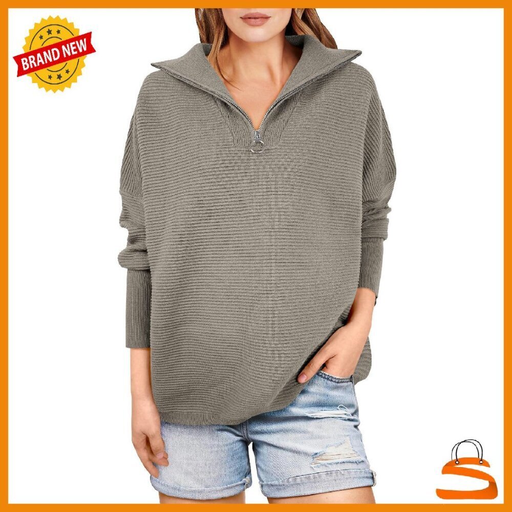 Oversized Quarter Zip Rib Knit Pullover Sweater, Cozy Fall Top